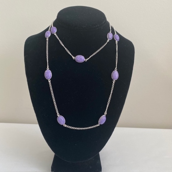 Charoite Gemstone Cabochons Silver Plated Chain Necklace Length 35" - Picture 2 of 6